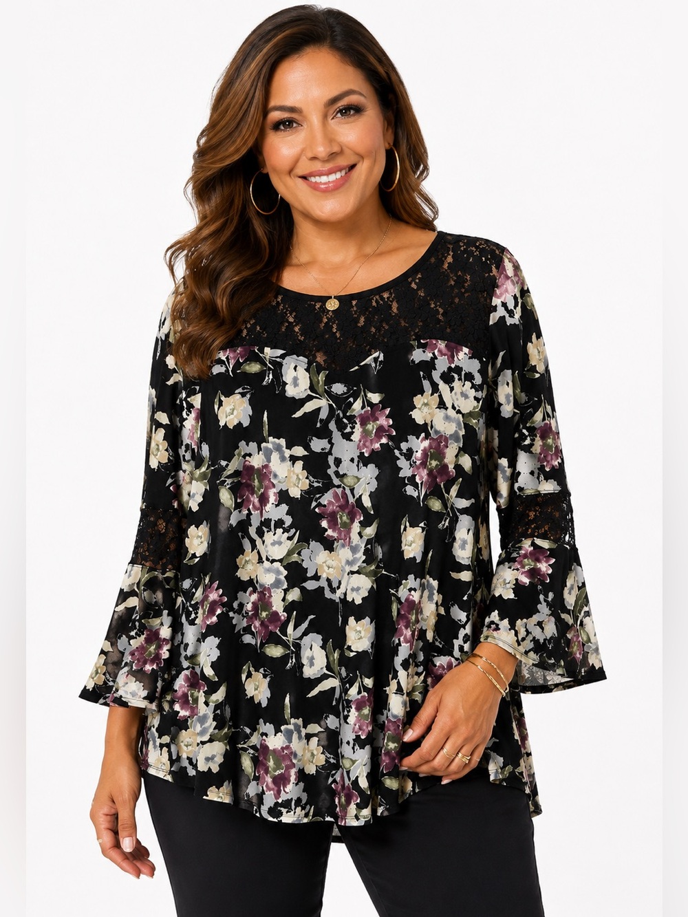 Women’s Boho Floral Top Lace Trim Bell Sleeve Pullover Size Large Casual